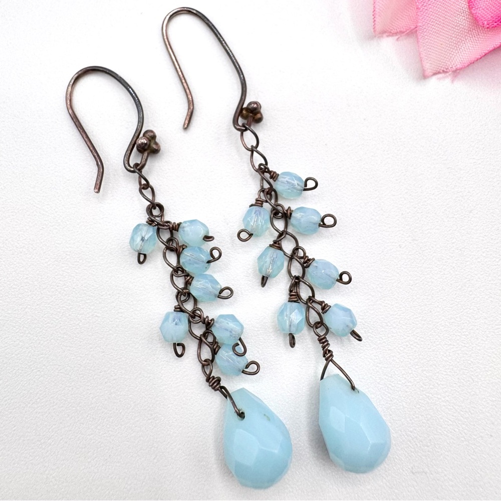 Silver And Blue Glass Bead Long Duster Earrings Cha Cha Boho Bohemian